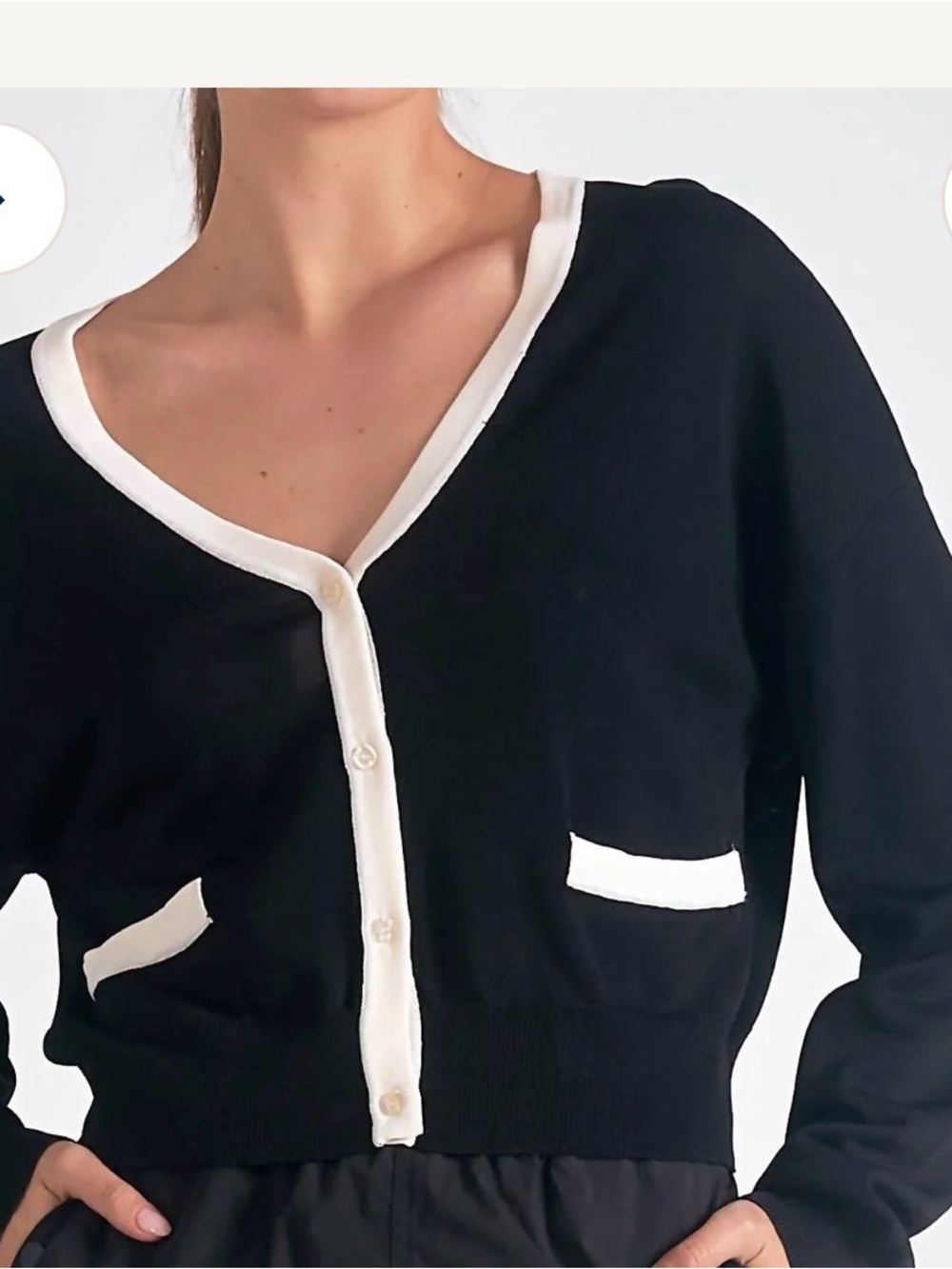 Elan Black Cardigan with White Contrast Trim